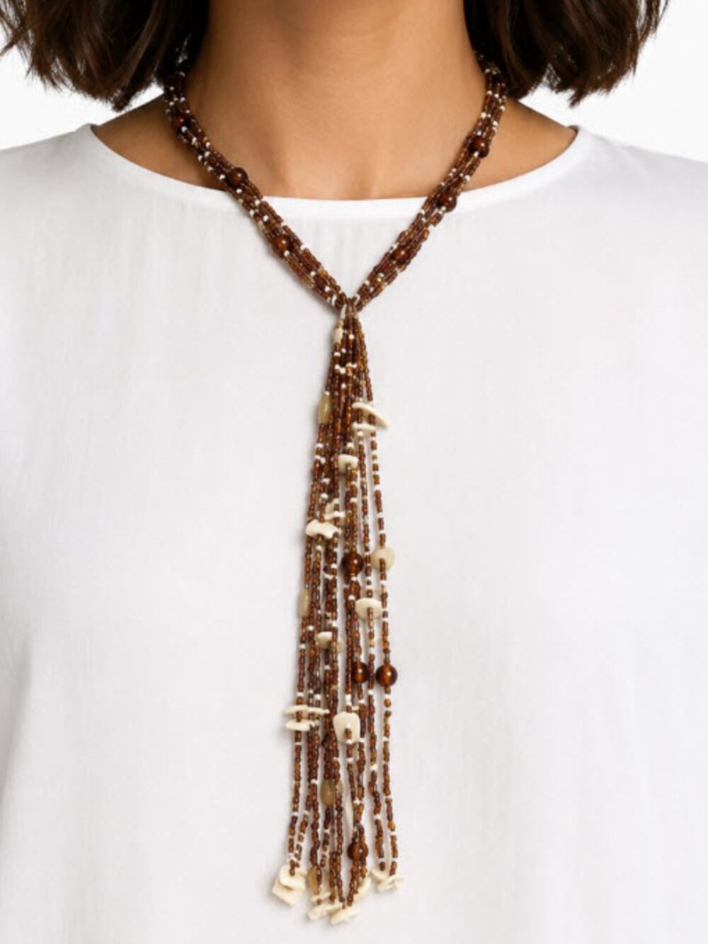 Sea shell White and Brown beaded waterfall Necklace